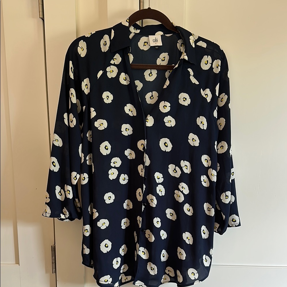 CAbi Blue and White 3/4 Sleeve Boxy Blouse